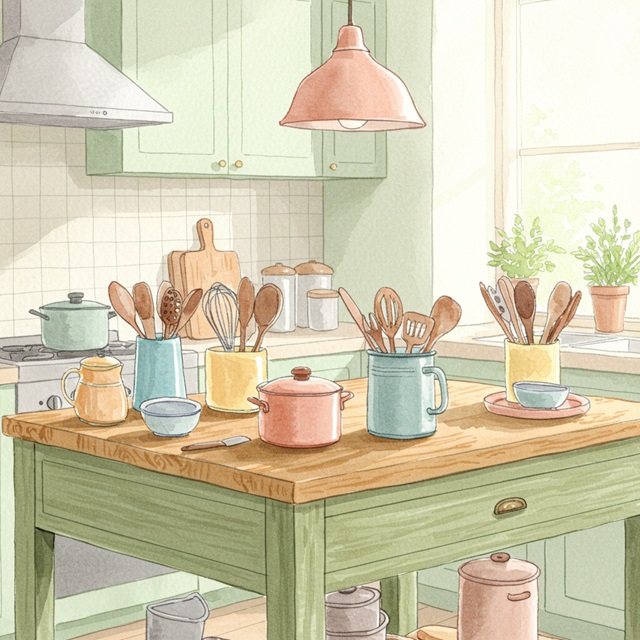 An image of a kitchen with various utensils